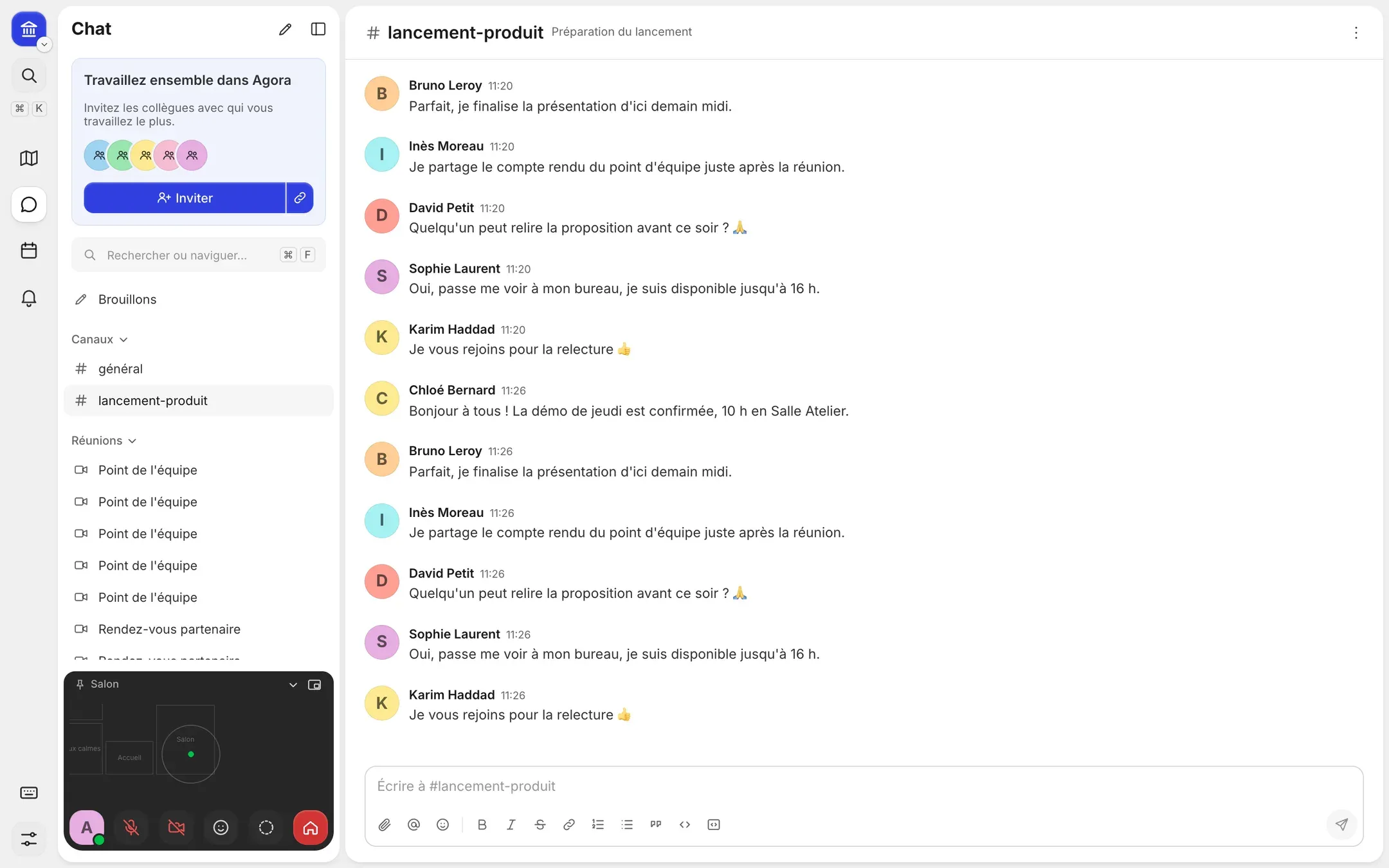 La messagerie d'Agora : l'équipe échange dans le canal du lancement.